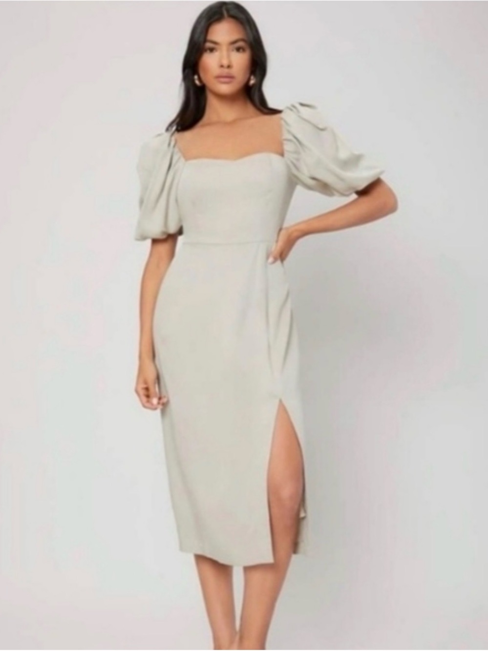 MOTF Taupe Puff Sleeve Midi Dress